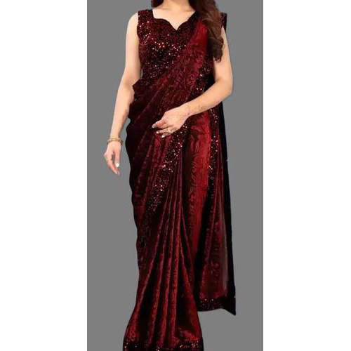 LYCRA SAREE WITH SEQUENCE BLOUSE PIECE Red