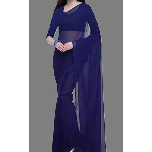 NAVY BLUE COLOR GEORGETTE PLAIN SAREE WITH RUNNING BLOUSE