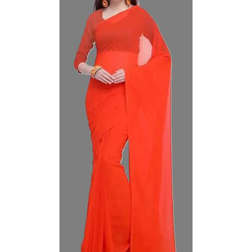 ORANGE COLOR GEORGETTE PLAIN SAREE WITH RUNNING BLOUSE