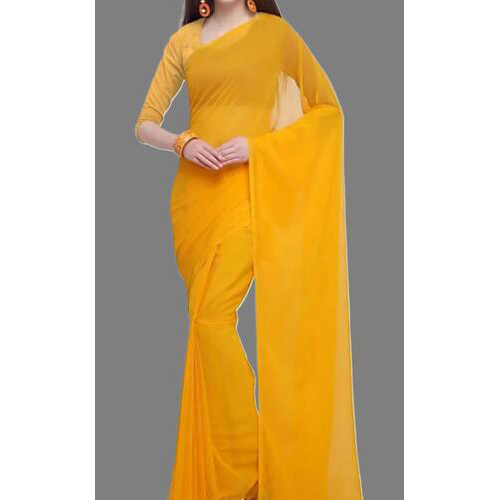 YELLOW COLOR GEORGETTE PLAIN SAREE WITH RUNNING BLOUSE