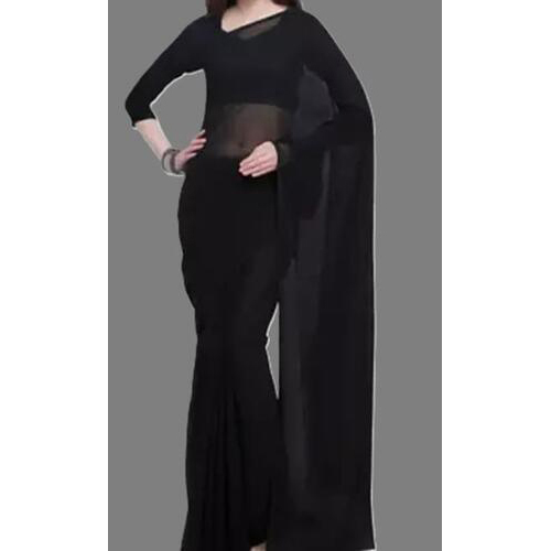 BLACK COLOR GEORGETTE PLAIN SAREE WITH RUNNING BLOUSE