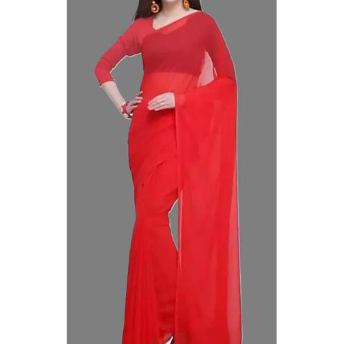 RED COLOR GEORGETTE PLAIN SAREE WITH RUNNING BLOUSE