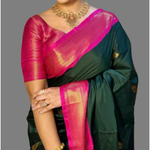 Pathani Sico Silk Saree with running blouse piece ( Bottle Green & Rani )