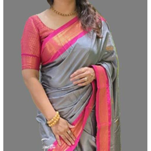 Pathani Sico Silk Saree with running blouse piece ( Grey & Rani )