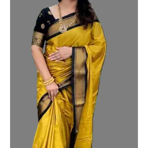 Pathani Sico Silk Saree with running blouse piece ( Gold & Black )