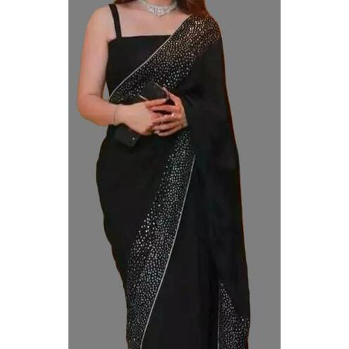 Premium Georgette Diamond Work Stylish Party Wear Saree With Separate Velvet Blouse Piece (Black)