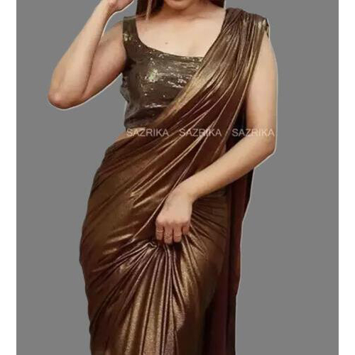 Coffee Lycra Blend Saree With Blouse