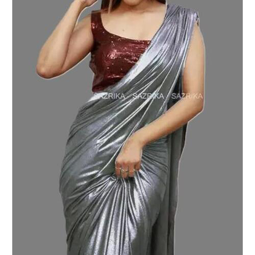 Grey Lycra Blend Saree With Blouse