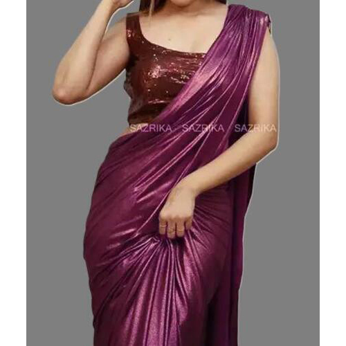 Wine Coloured Lycra Blend Saree With Blouse