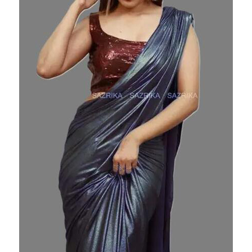 Blue Lycra Blend Saree With Blouse