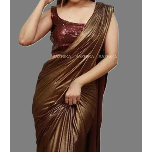 Coffee Lycra Blend Saree With Blouse