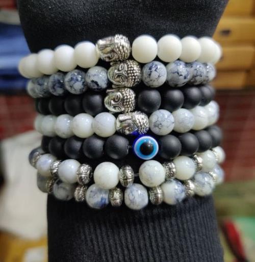 The Super Combo - All Type Of Premium Marble Pearl Stone With Budhha Charm Bracelet Set Of 7Pcs .