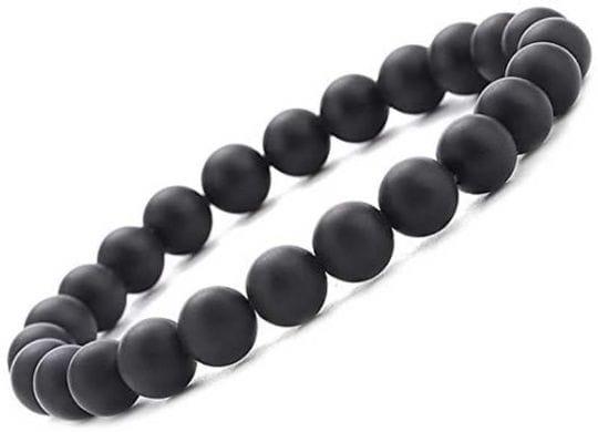 lack Tone Lava Beads Bracelet With Matte Round Finger Ring For Boys And Men (Pack Of 2).