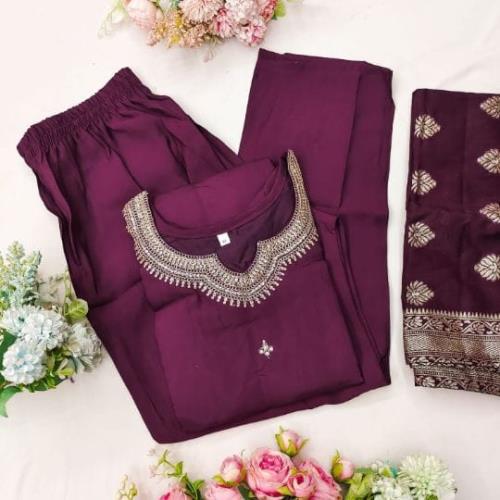 Heavy Fully Stitched Suit Set with Intricate Hand Embroidery & Zari Weaving, Matching Pants & Lace D