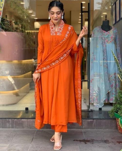 Elegant Full Anarkali 3-Piece Set - Pure Cotton with Heavy Neck Embroidery & Full Embroidery Work, F