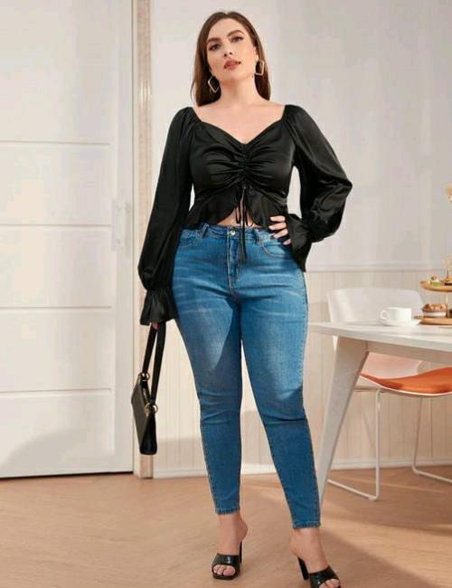  BLACK FRONT TIE SATIN TOP.
