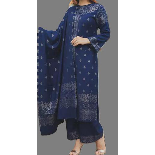 Navy Blue Floral Printed Wool Suits & Dress Materials