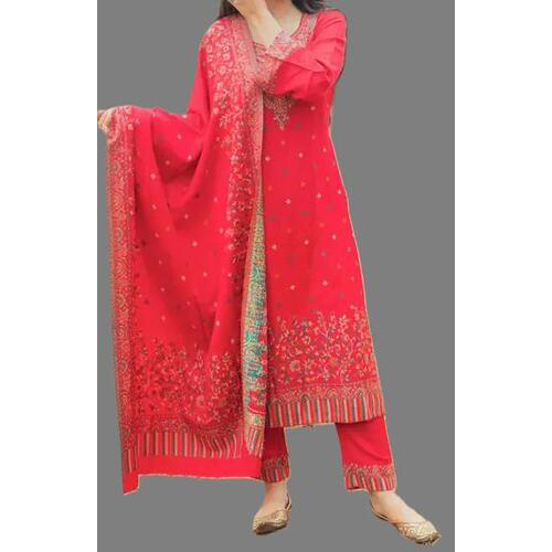 Red Floral Printed Wool Suits & Dress Materials