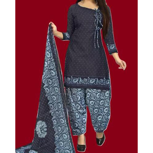 Navy Blue Cotton Printed Unstitched Salwar Suit Material