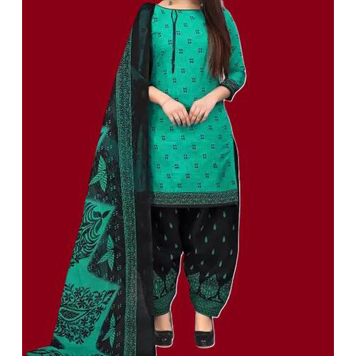 Green Cotton Printed Unstitched Salwar Suit Material