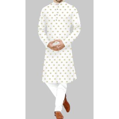 Men's Printed Kurta Cotton White