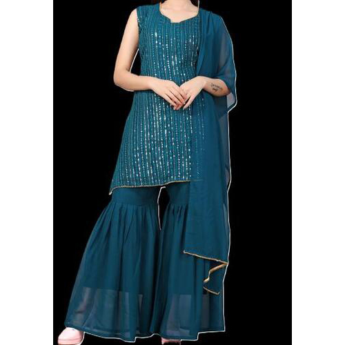 RAYON Sequence Work Kurta Solid Sharara with Dupatta Set