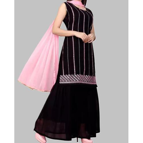 RAYON Sequence Work Kurta Solid Sharara with Dupatta Set