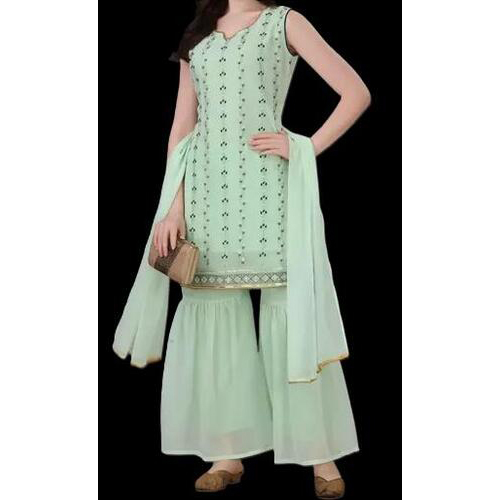 RAYON Sequence Work Kurta Solid Sharara with Dupatta Set