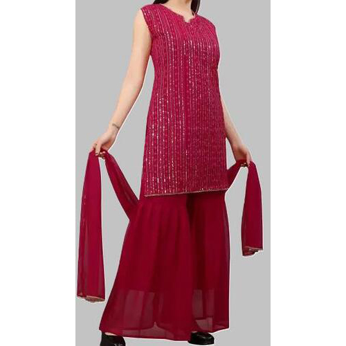 RAYON Sequence Work Kurta Solid Sharara with Dupatta Set