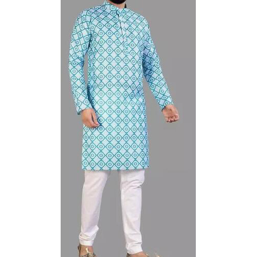 Men Printed Cotton Blend Straight Kurta Sky Blue