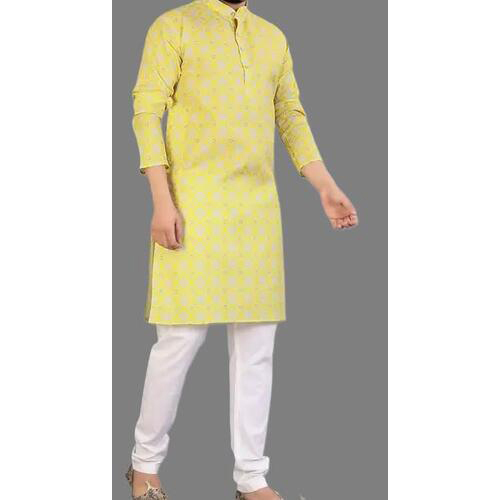 Men Printed Cotton Blend Straight Kurta Lime Yellow