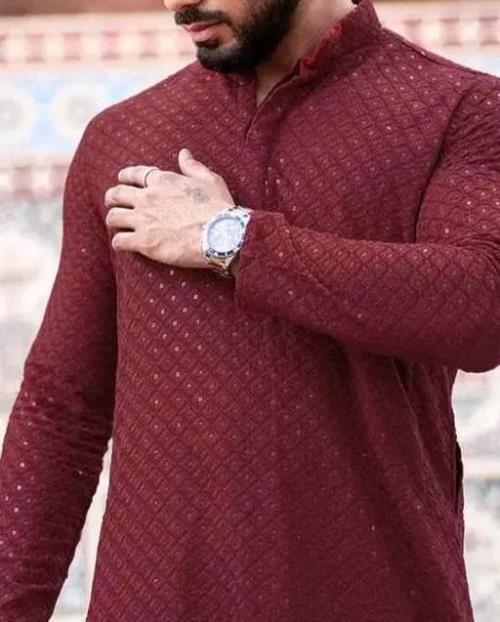 Men's Chanderi Cotton Kurta - Long Sleeves, Checked Pattern, Elegant Ethnic Wear for All Occasions.