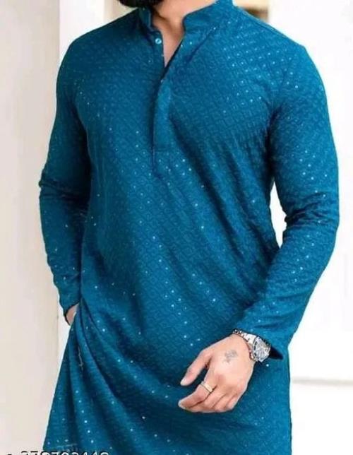 Men's Chanderi Cotton Kurta - Long Sleeves, Checked Pattern, Elegant Ethnic Wear for All Occasions.