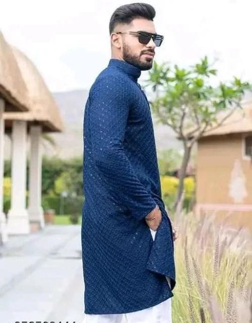Men's Chanderi Cotton Kurta - Long Sleeves, Checked Pattern, Elegant Ethnic Wear for All Occasions.