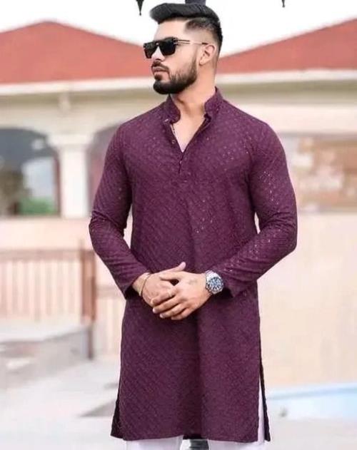 Men's Chanderi Cotton Kurta - Long Sleeves, Checked Pattern, Elegant Ethnic Wear for All Occasions.