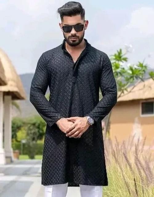 Men's Chanderi Cotton Kurta - Long Sleeves, Checked Pattern, Elegant Ethnic Wear for All Occasions.