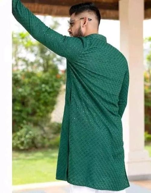 Men's Chanderi Cotton Kurta - Long Sleeves, Checked Pattern, Elegant Ethnic Wear for All Occasions.
