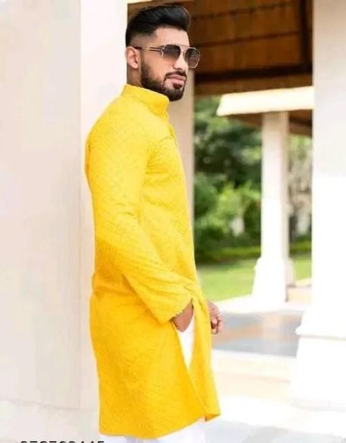 Men's Chanderi Cotton Kurta - Long Sleeves, Checked Pattern, Elegant Ethnic Wear for All Occasions.