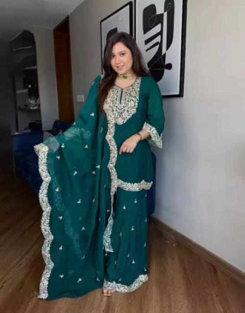 New Designer Collection – Pure Chinnon Top-Bottom & Dupatta Set | Heavy Embroidery with Coding Dori 