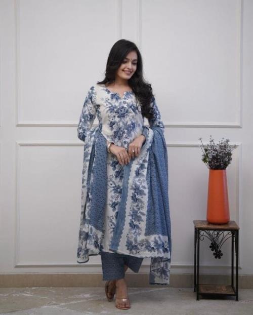 Elegant Floral Printed Cotton Kurti Set – Handwork with Sequins & Mirror | Matching Printed Pant & M