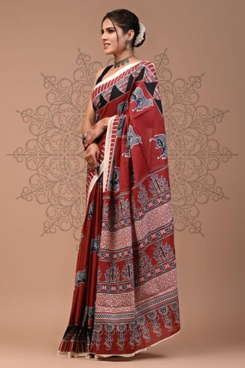 Saree Love Inspired Candy Ajrakh Edition | Chanderi Fabric with Ajrakh Print & Matching Running Blou