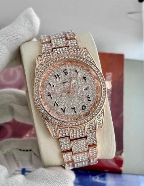 inspred by Rolex Diamond Datejust Watch - 42mm Dial, Arabic Numerals, Full Diamond Tone Chain, Date 
