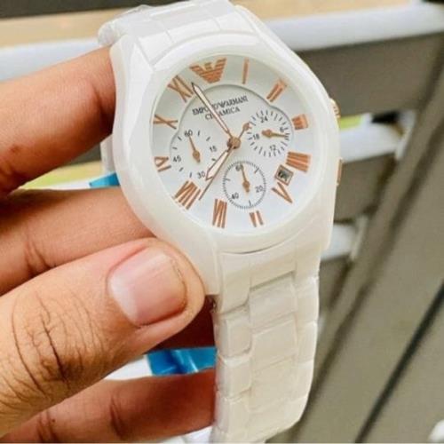 Armani Men's Watch - Elegant White Ceramic Design with Chronograph Functionality.