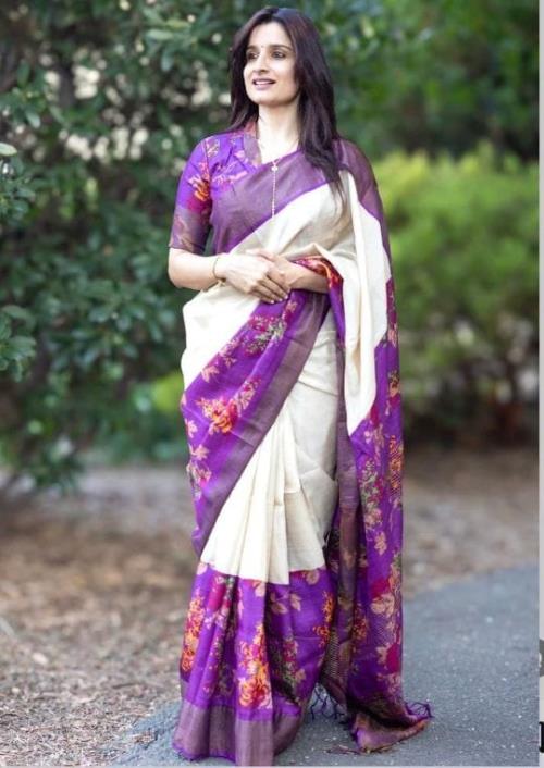 New Design Linen Saree with Gold Jari 5x5 Border | Digital Print | 6.30m with Blouse | Catalogue No.