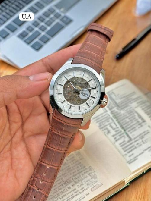 Luxury Automatic Skeleton Watch – Inspired by Tissot | Rose Gold Bezel | Brown Croc-Embossed Leather