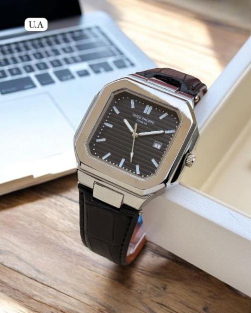 Luxury Men's Analog Watch – Classic Patek Philippe-Inspired Design, Octagonal Case, Leather Strap, D