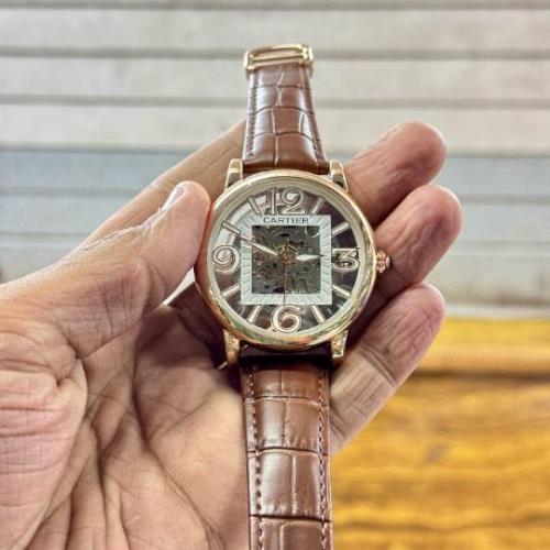 Inspired by Cartier - Men's Automatic Skeleton Dial Watch with Brown Leather Strap