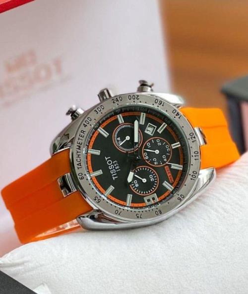 InspiredTissot PRS 330 Chronograph - Men's Stainless Steel Watch with Orange Rubber Strap 
