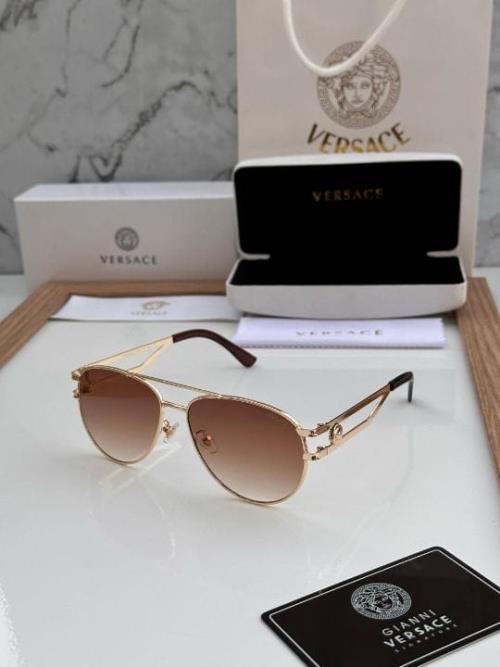 Versace Aviator Sunglasses for Men & Women – Gold Frame with Brown Gradient Lenses, Medusa Logo Deta