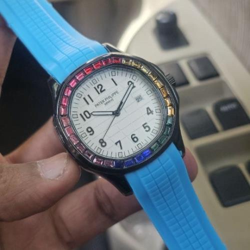 Inspired Rainbow Gemstone Bezel Watch - White Dial, Light Blue Strap, Elegant Ladies Timepiece